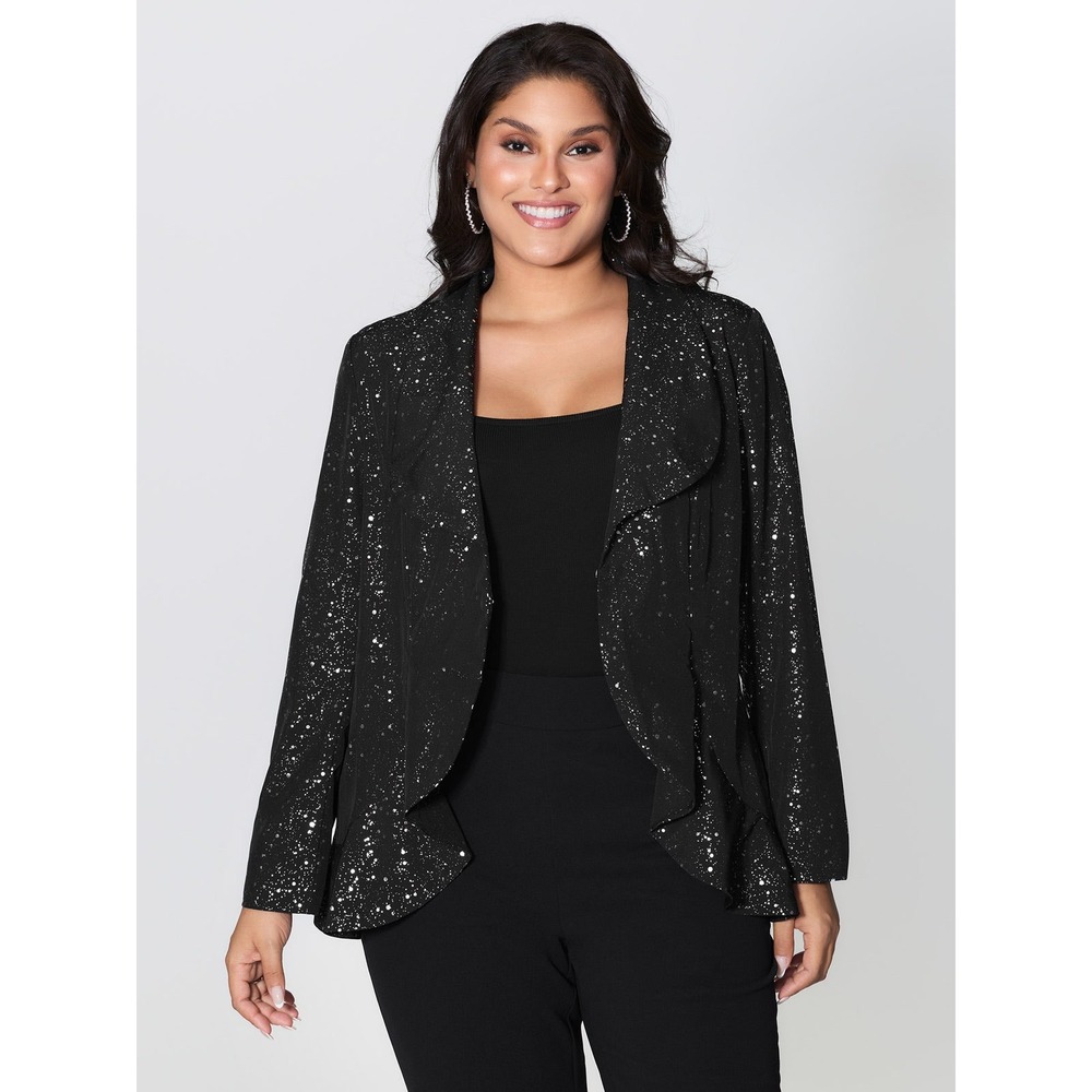 Bloomchic Womens Plus Size Black Metallic Splatter‎ Print Ruffle Open Blazer NWT